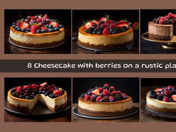 Cheesecake with berries on a rustic plate