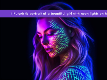 Futuristic portrait of a beautiful girl with neon lights on her face.