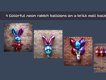Colorful neon rabbit balloons on a brick wall background