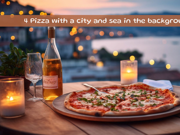 Pizza with a city and sea in the background