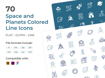 70 Space Colored Line Icons Pack