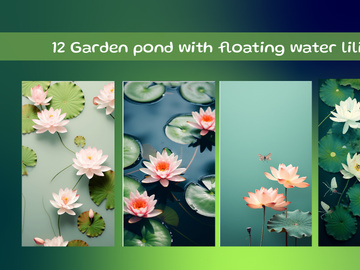 Garden pond with floating water lilies