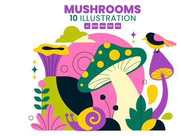 10 Mushrooms Vector Illustration