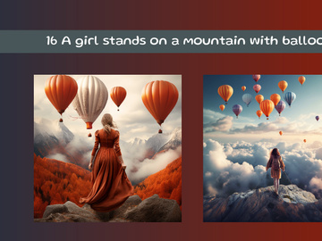 A girl stands on a mountain with balloons