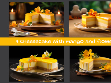Cheesecake with mango and flowers