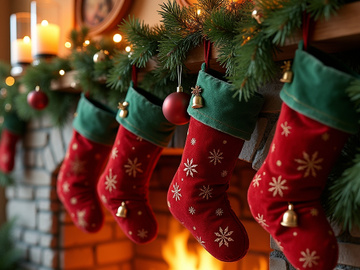Rustic stone fireplace with five hanging Christmas stockings.