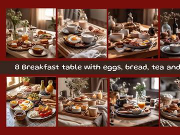 Breakfast table with eggs, bread, tea and fruit