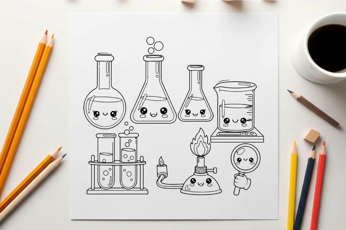 Cute lab equipment characters vector illustration flat design