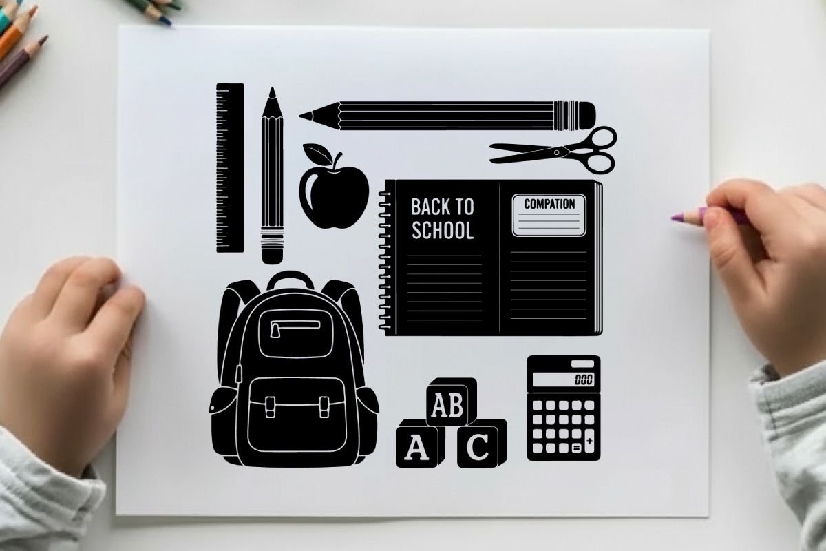 Silueta de regreso a clases con útiles y objetos educativos