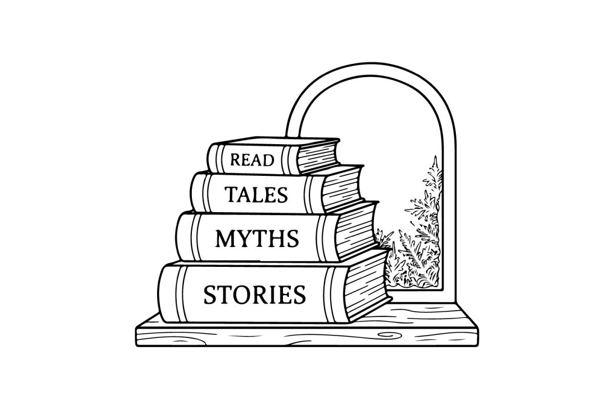 Stapel Bücher mit Winterfensterblick, Strichzeichnungs-Illustration für Weihnachtslektüre.
