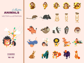 Set of comic animals, cartoon character animals vector illustration collection.