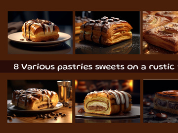 Various pastries sweets on a rustic table
