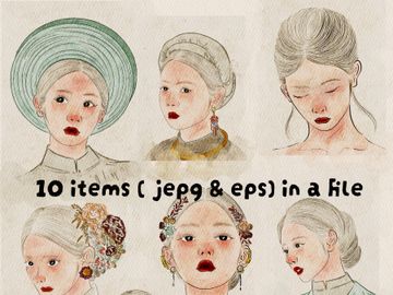 Vintage Asian Women Portraits Illustration Bundle – 10 Hand-Drawn Illustrations