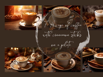 A cup of coffee with cinnamon sticks on a plate
