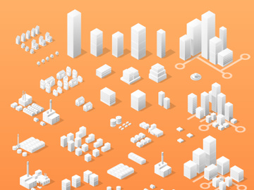 Buildings, skyscrapers, factories, parks, and vehicles