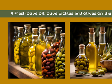 Fresh olive oil, olive pickles and olives on the table