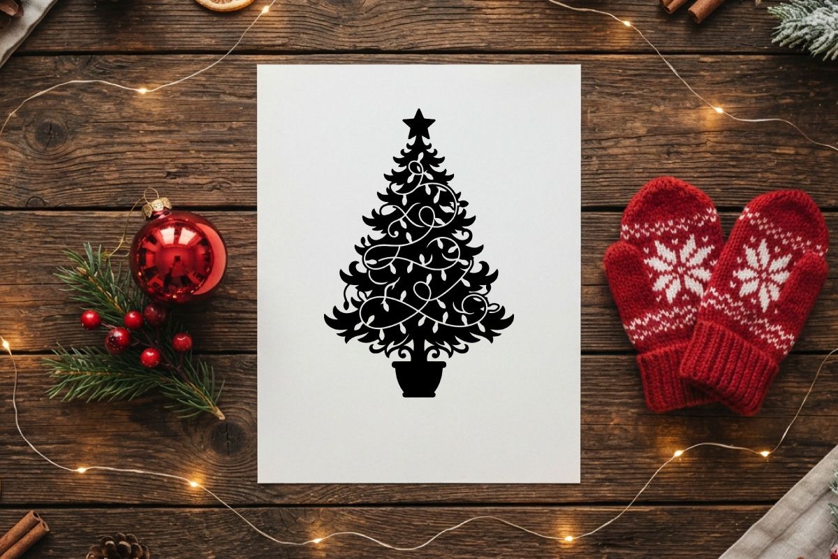Siluet hitam pohon Natal dengan lampu hias di latar belakang putih