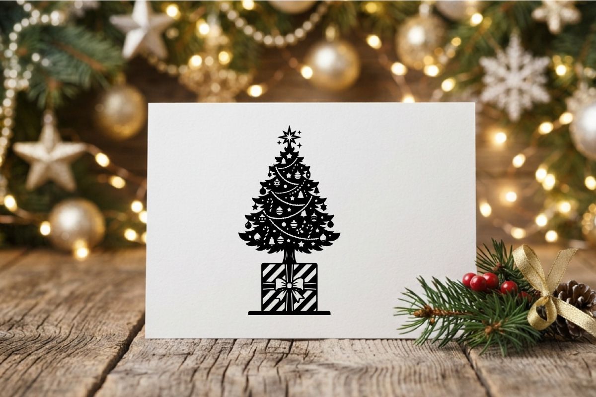 Schwarz-weißes Weihnachtsbaum-Icon mit Geschenkbox-Silhouette für Weihnachtsdesign-Projekte