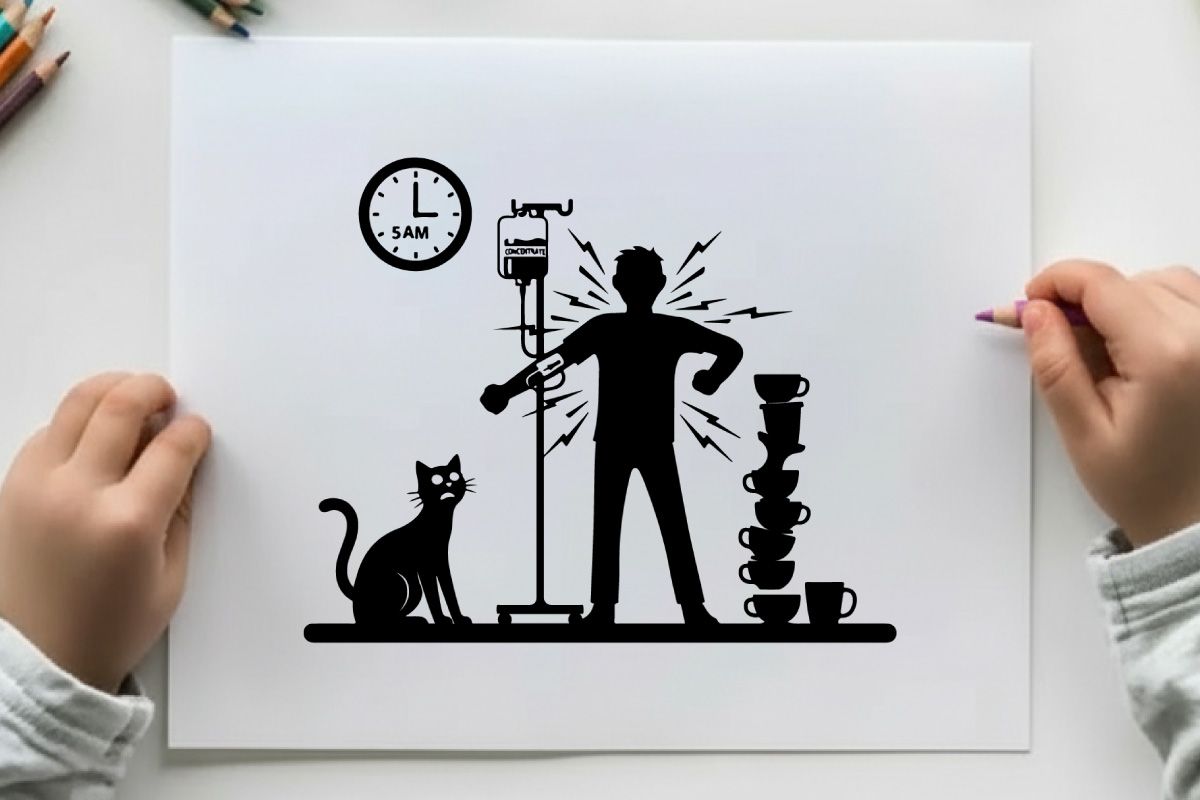 Silhouette de hombre con dolor de espalda por máquina de café