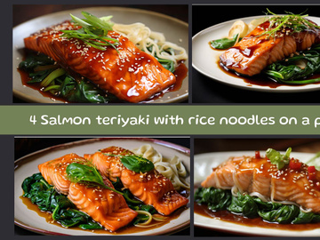 Salmon teriyaki with rice noodles on a plate
