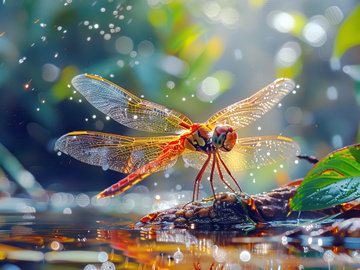 A delicate dragonfly rests on water amidst a mystical, sunlit setting