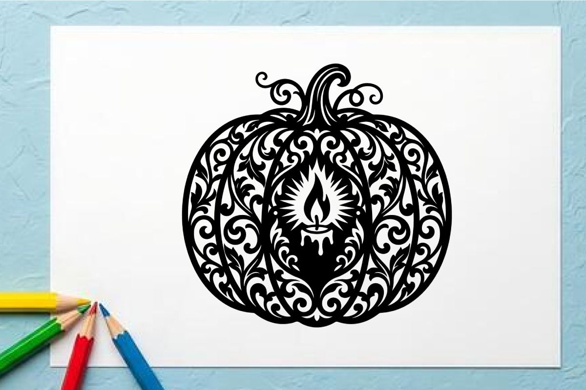 Decorative Halloween Pumpkin with Intricate Black Filigree Design