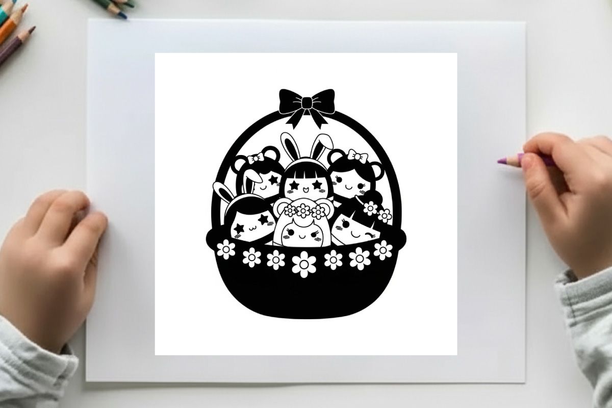 Silhouette of sanrio characters in easter basket with flowers and bow