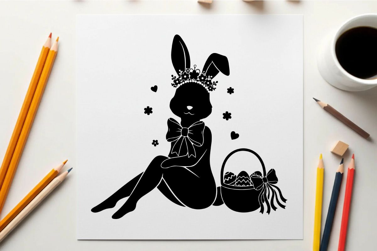 Easter bunny silhouette with crown and basket of eggs