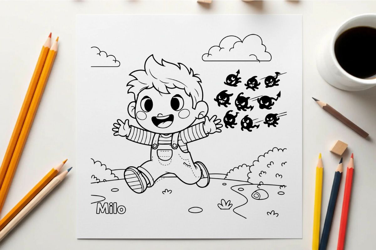 Cute boy celebrating with flying bats vector illustration