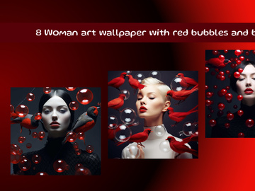 Woman art wallpaper with red bubbles and bird
