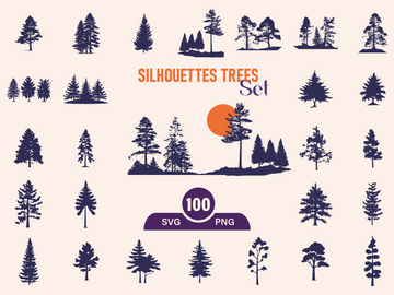 Silhouettes Trees Set, Pine Tree fir pruce cedar white patch alder elm birch ash cypress beech palm tree.