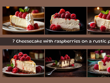 Cheesecake with raspberries on a rustic plate