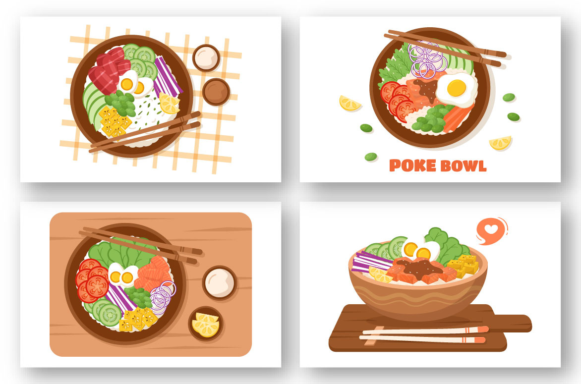 Ilustração de 10 Pratos Havaianos Poke Bowl