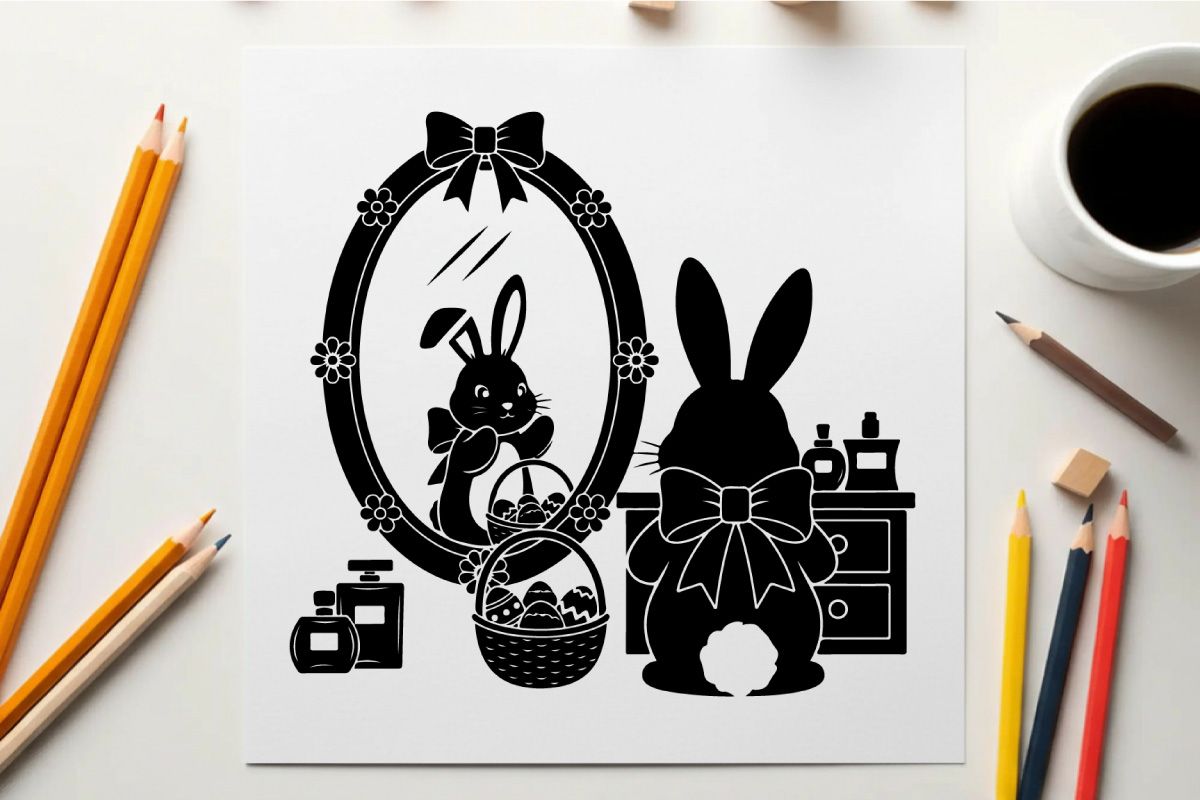 Easter bunny silhouette admires reflection in ornate mirror with bow