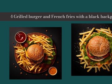 Grilled burger and french fries with a black background
