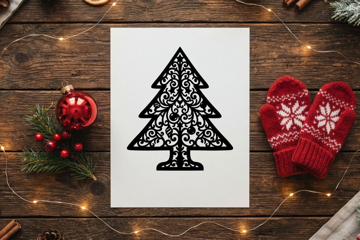 Siluet pohon Natal hitam dengan pola filigree dekoratif pada latar belakang putih