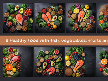 Healthy food with fish, vegetables, fruits and other ingredients