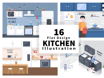 16 Kitchen Room with Furniture Background Vector Illustration