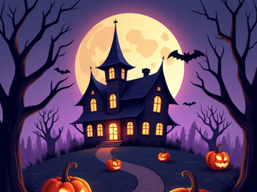 Whimsical Halloween-themed image of a Haunted House.