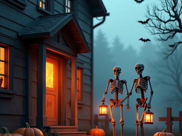 Halloween scene featuring two skeletons with lanterns.