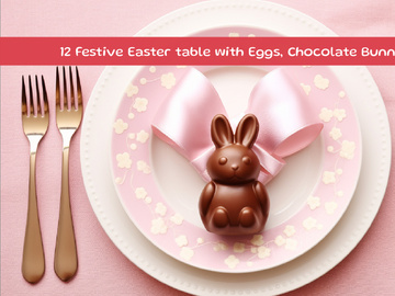 Festive Easter table with Eggs, Chocolate Bunnies