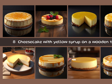 Cheesecake with yellow syrup on a wooden table