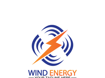 Wind energy logo. renewable energy icon with wind turbines and thunder bolt isolated on white background