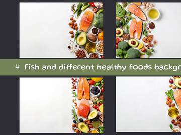 Fish and different healthy foods background