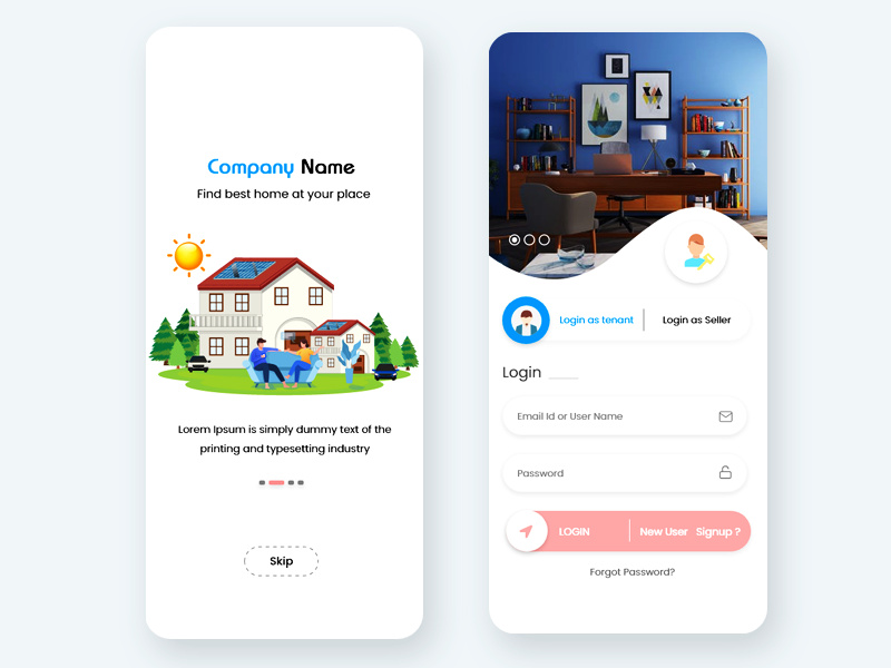 Find Homes, Apartments and Hostel for rent mobile app UI Kit