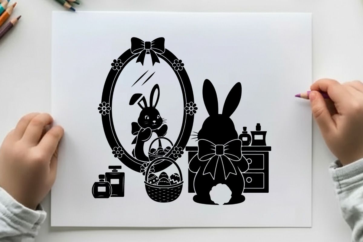Easter bunny silhouette admires reflection in ornate mirror with bow