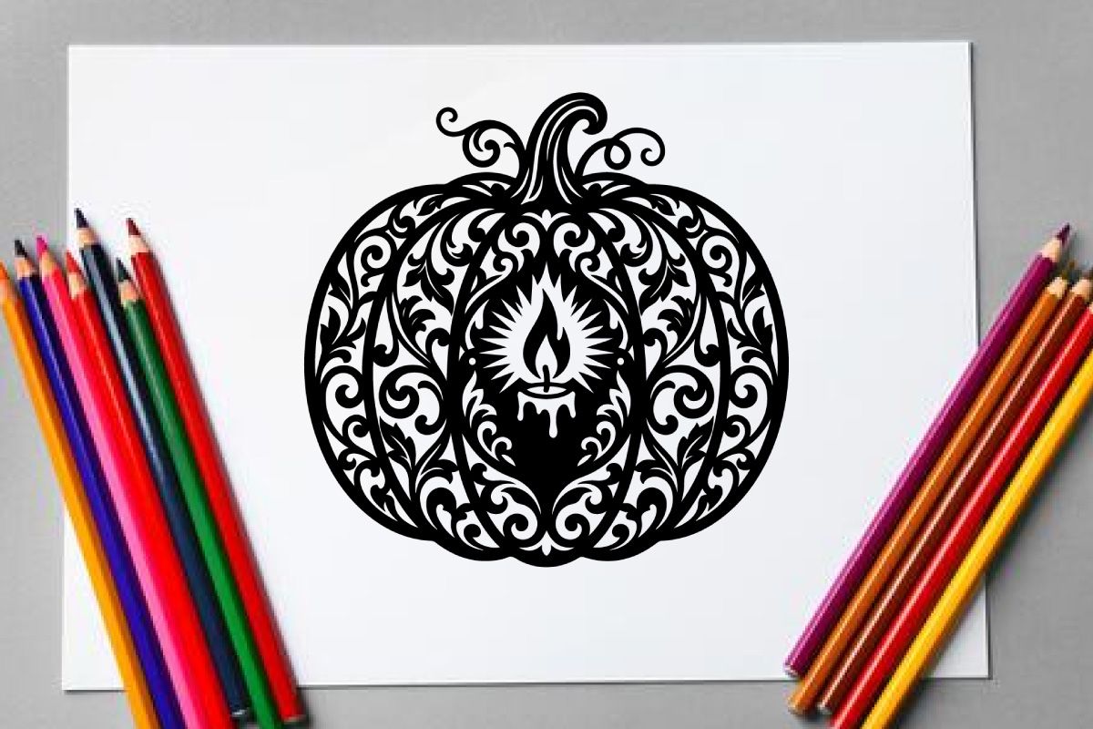 Decorative Halloween Pumpkin with Intricate Black Filigree Design