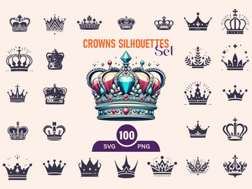 Royal Crown Silhouette, Retro King Crown Icons.