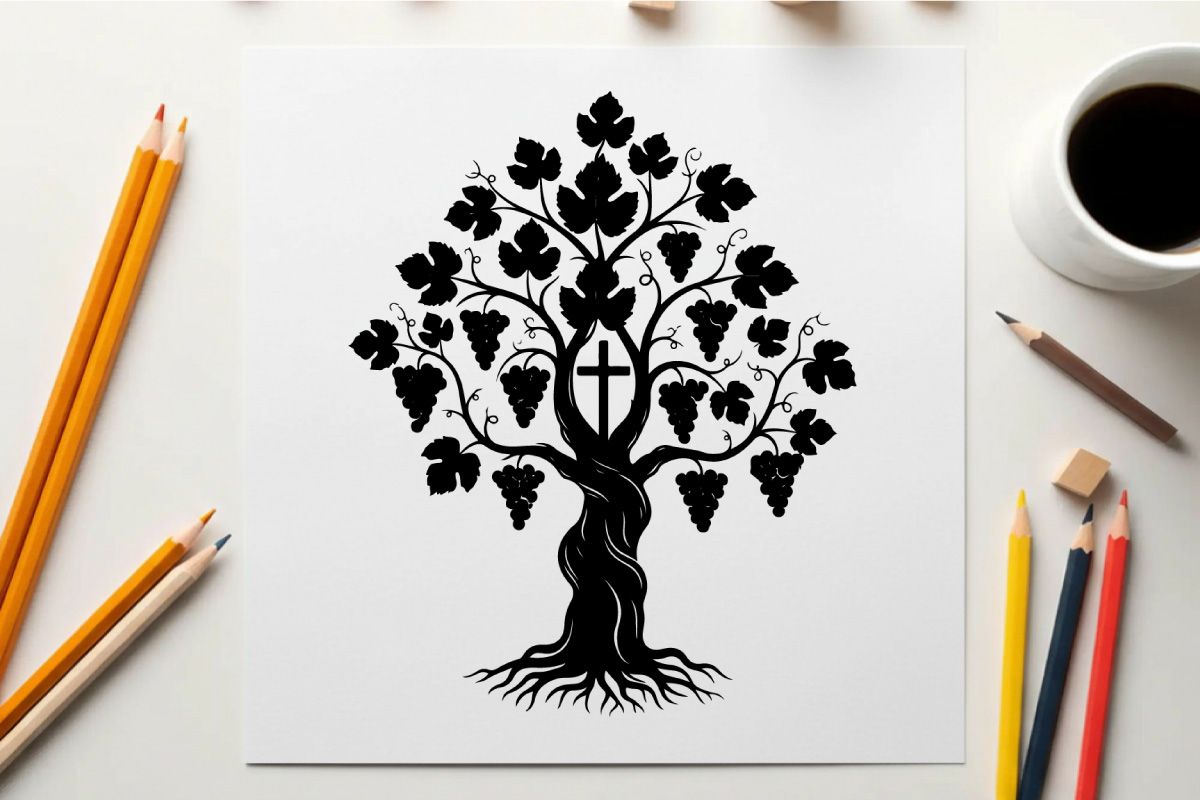 Silhouette of a grapevine tree with cross and roots
