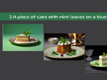 A piece of cake with mint leaves on a blue plate